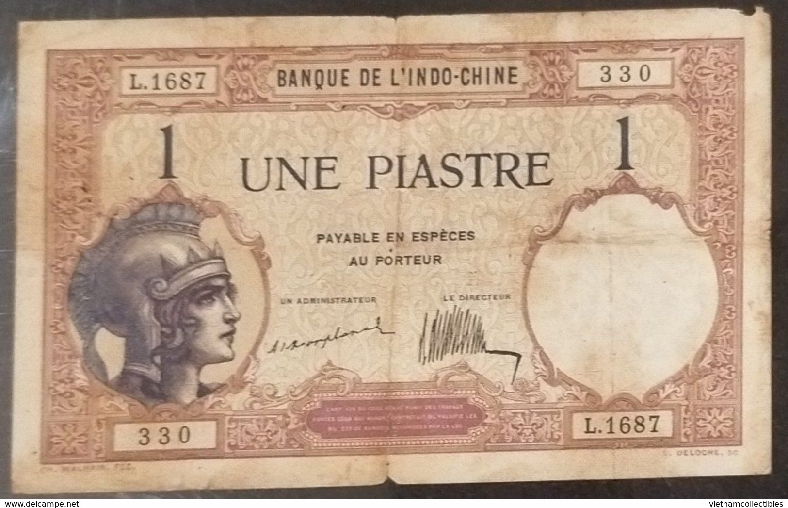 French Indochina Indo China Indochine Laos Vietnam Cambodia 1 Piastre Fine Banknote Note 1921-31 - Pick # 48a / 2 Photos - Indochina