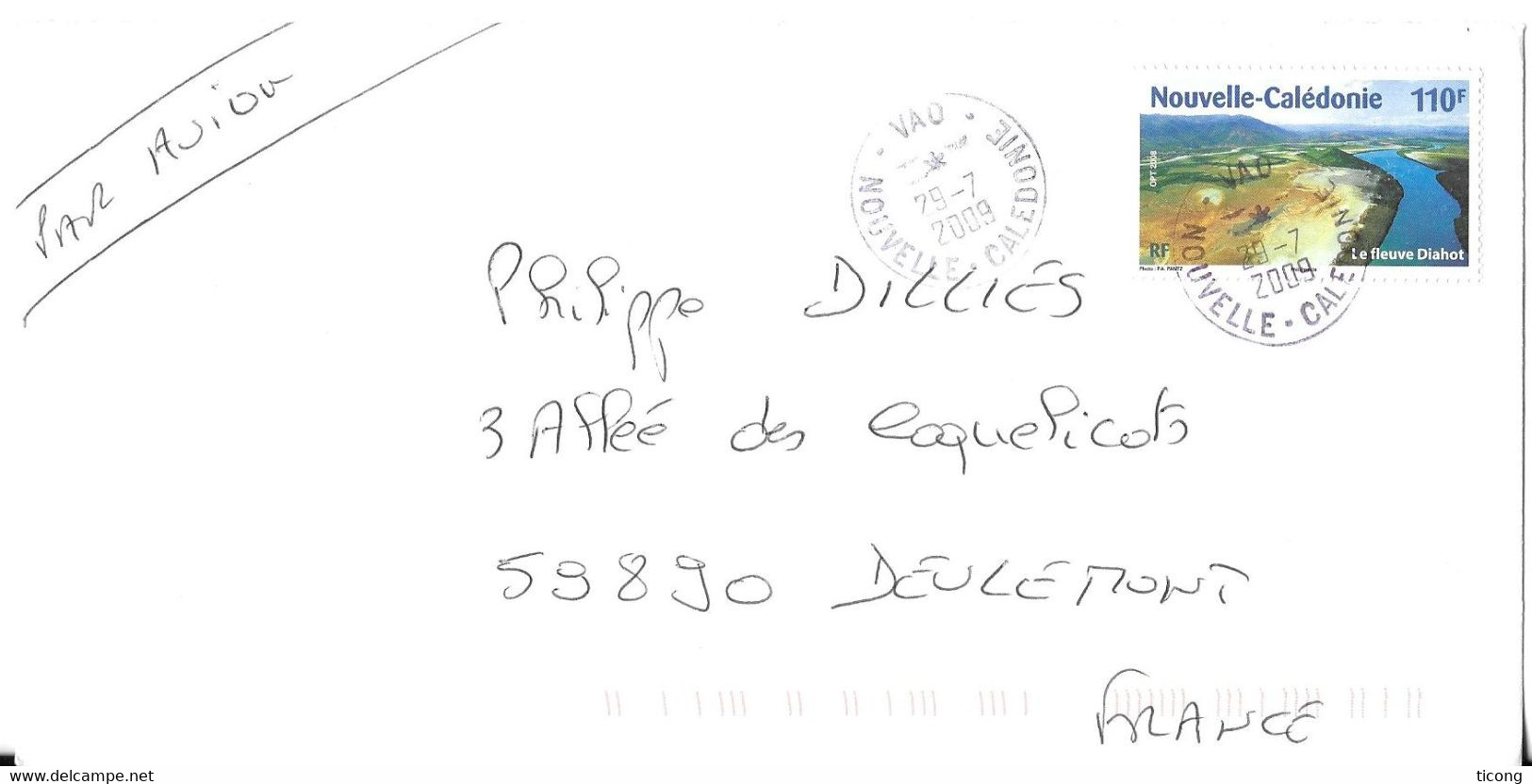 VAO ILE DES PINS NOUVELLE CALEDONIE, LETTRE POUR LA FRANCE DE 2009, FLEUVE DIAHOT TIMBRE DE 2008 EN OBLITERATIONS RONDES - Lettres & Documents