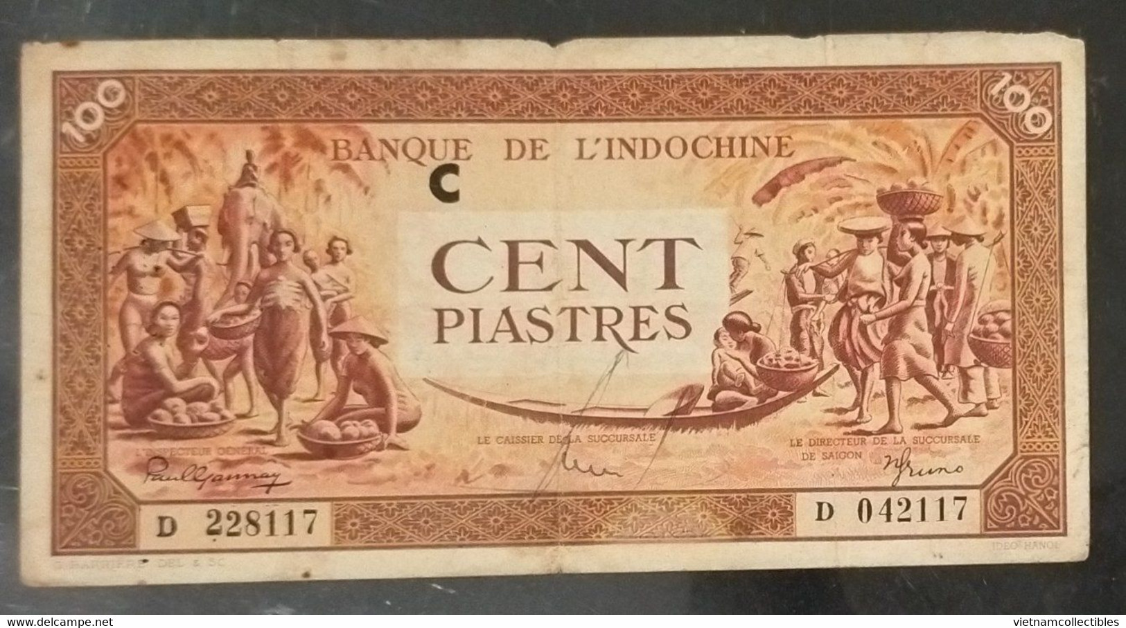 French Indochine Indochina Vietnam Viet Nam Laos Cambodia VF 100 Piastres Banknote Note 1942-45 / Pick # 66 - Letter C - Indochine