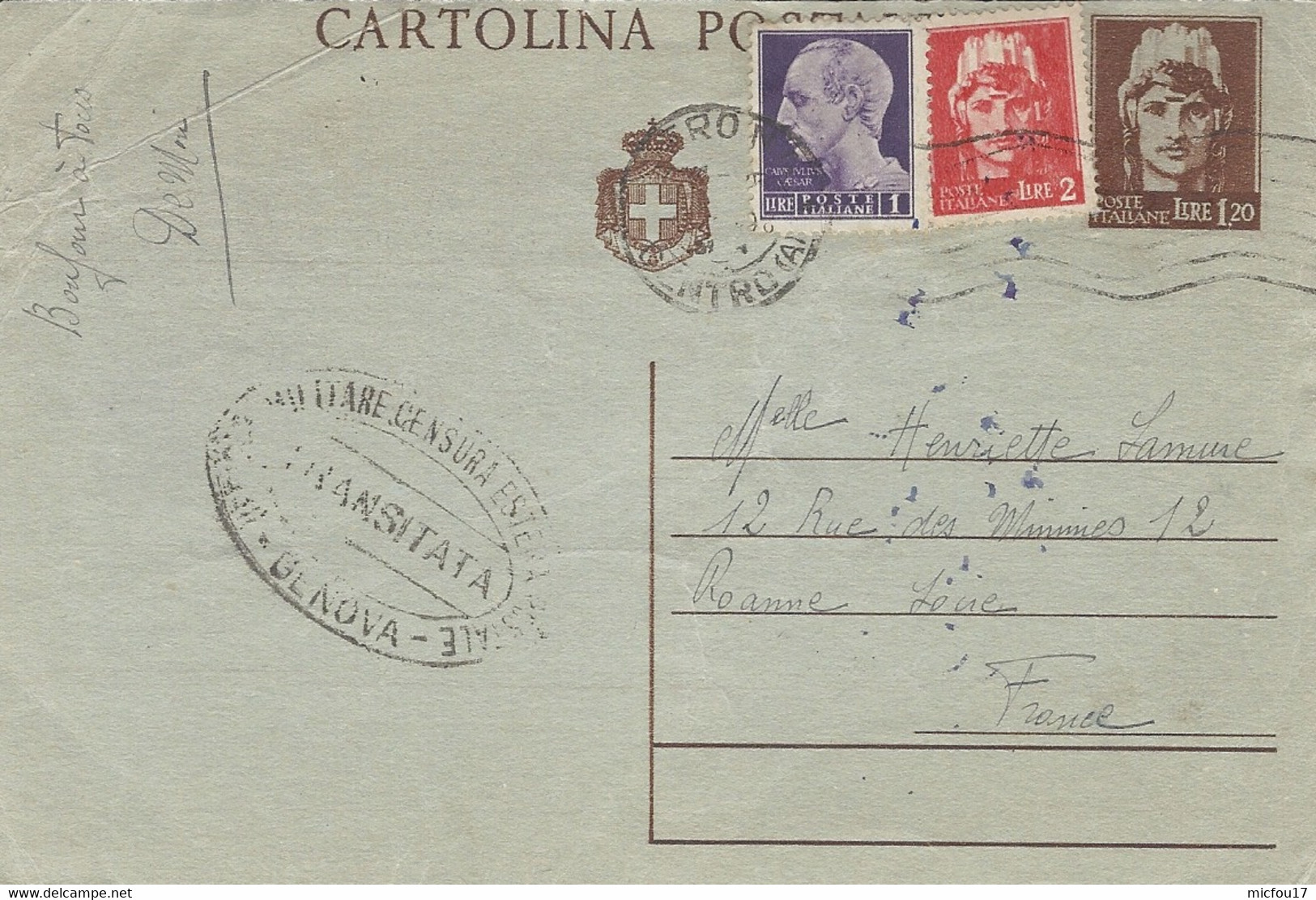 NOV. 1945- C P E P Lire 1,20 + Compl. 3 Lit Da Verona  Per Francia  - Censura Di Genova - TRANSITATA - Stamped Stationery