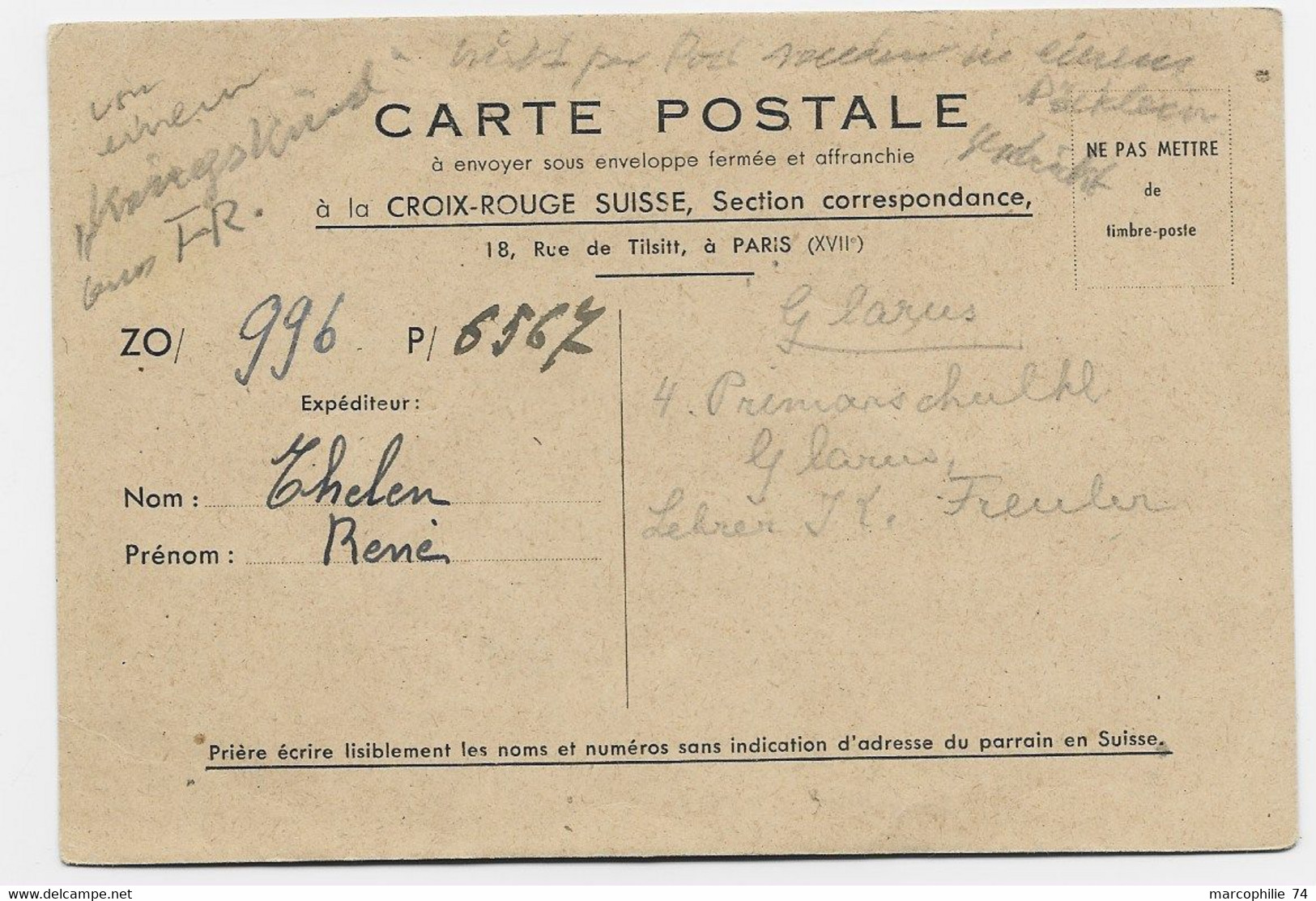 CARTE ENTETE CROIX ROUGE SUISSE PARIS 18 RUE TILSITT PARIS XVIIE 1946 POUR SUISSE - Red Cross