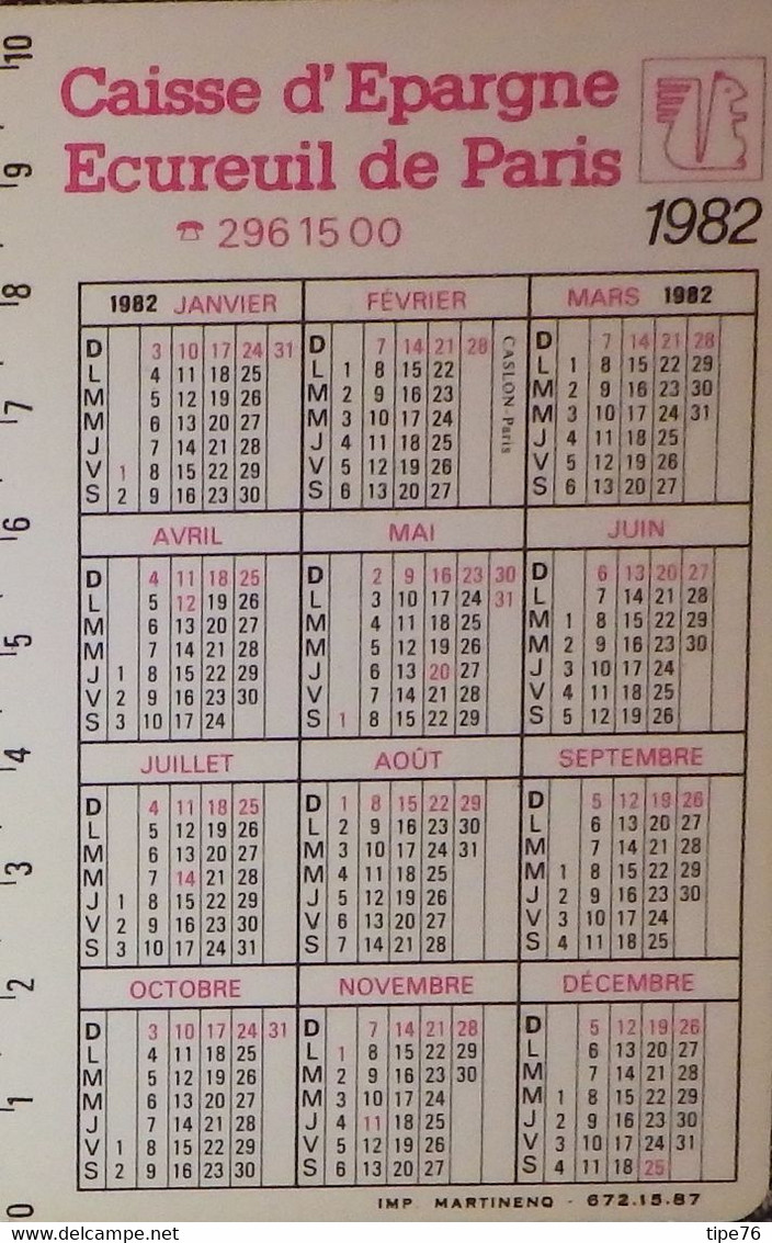 Petit Calendrier De Poche  1982 Caisse D'Epargne écureuilParis - Chèque écureuil - Kleinformat : 1981-90