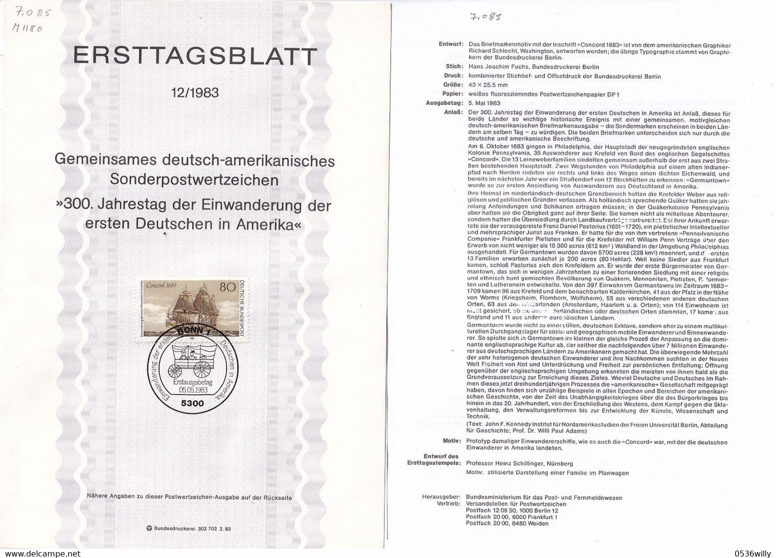 Deutschland BRD. Ersttagsblatt 12/1983 "Deutsche Einwanderer In Amerika" (7.085) - Briefe U. Dokumente
