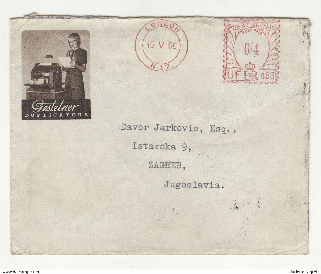 Gestetner Illustrated Company Letter Cover Posted 1956 To Zagreb - Meter Stamp B211015 - Cartas