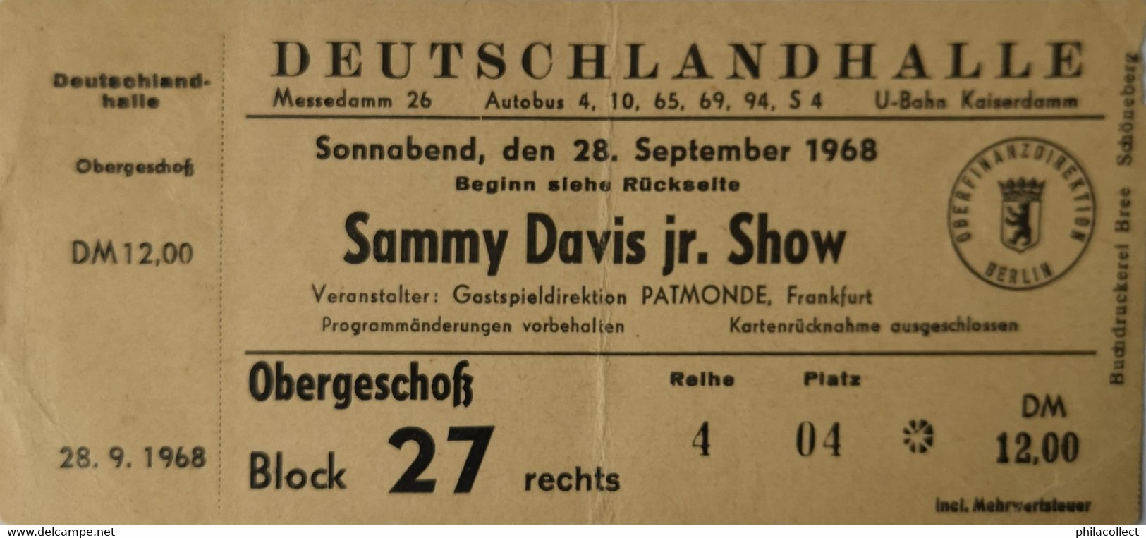 Concert Ticket // Sammy Davis Jr. Show //Light Fold // Deutschlandhalle 1968 Und Voranzeige Louis Armstrong Reverse Side - Concerttickets