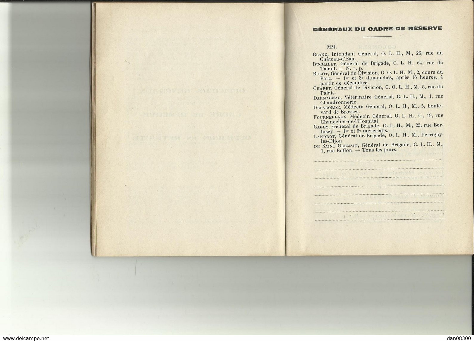 PLACE DE DIJON CARNET D'ADRESSE 1939 COORDONNEES DES OFFICERS D'ACTIVE DE RESERVE ET EN RETRAITE.