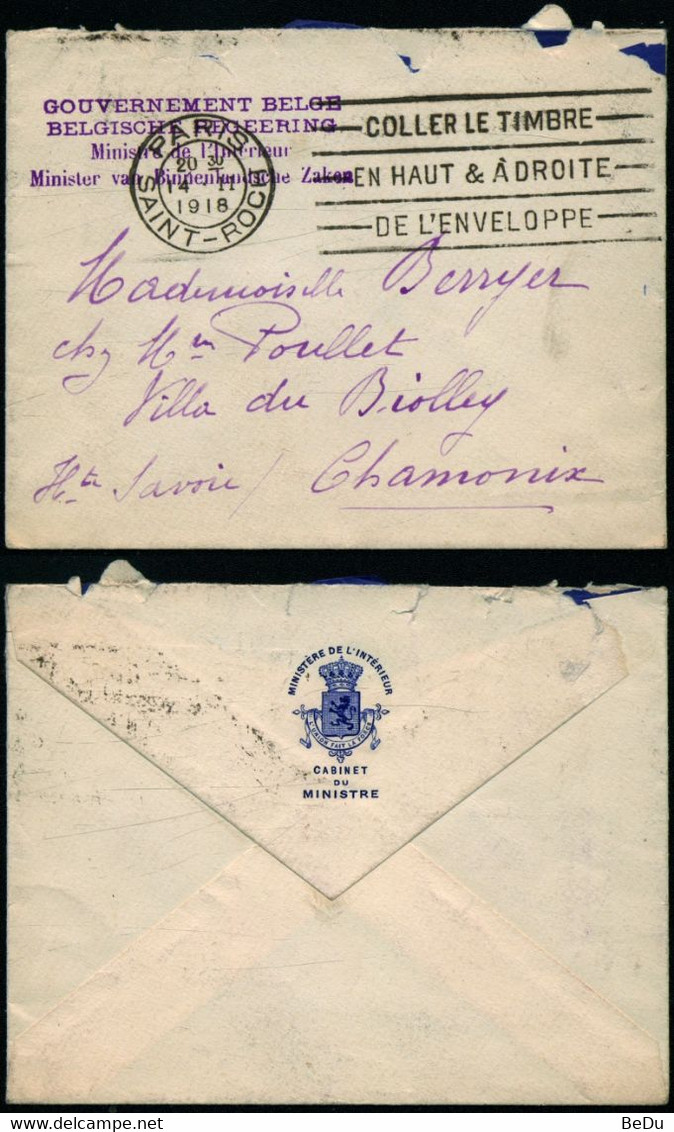 Del137 - Lettre Du Gouvernement Belge En Franchise De Paris à Chamonix 1918 - Franchise De Port Anormale !!! - Other & Unclassified