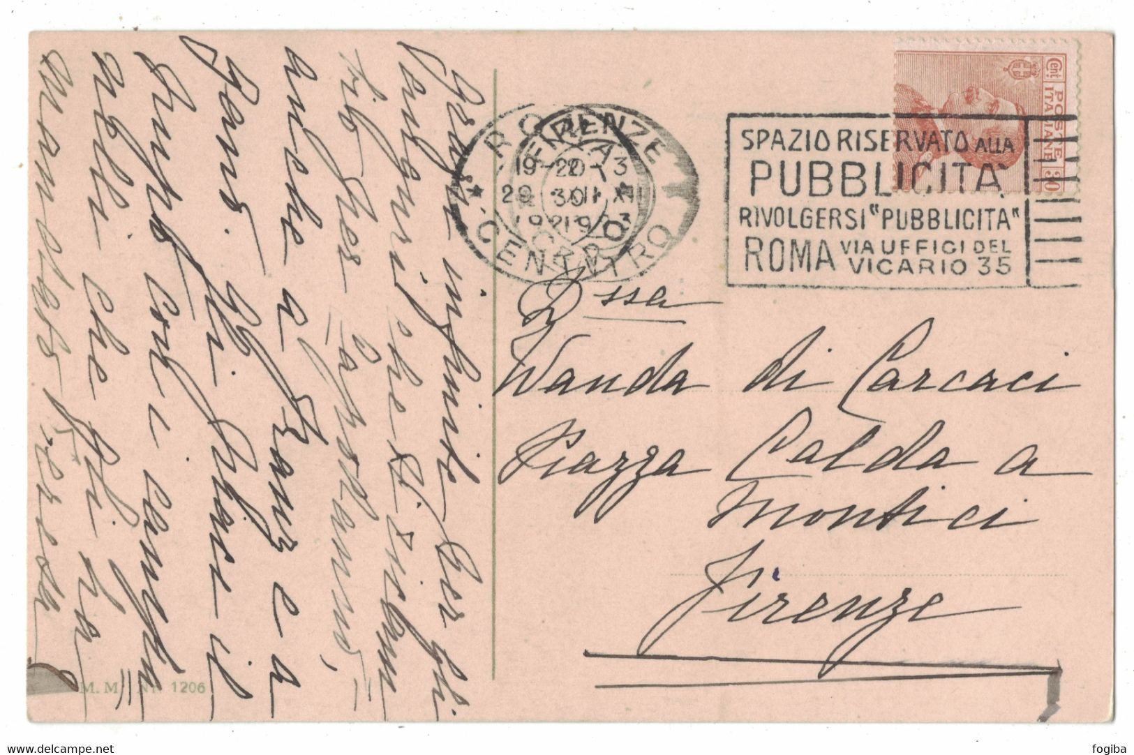 NB157  Regno 1924 Annullo Meccanico A Targhetta Roma, Spazio Riservato Alla Pubblicità,,,,, Su Cartolina Per Firenze - Storia Postale