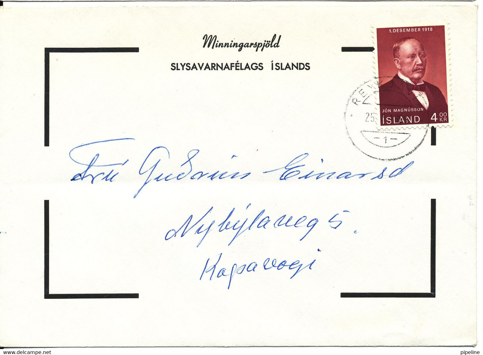 Iceland Condolence Cover Reykjavik 25-11-1968 Single Franked (bended Cover) - Cartas & Documentos