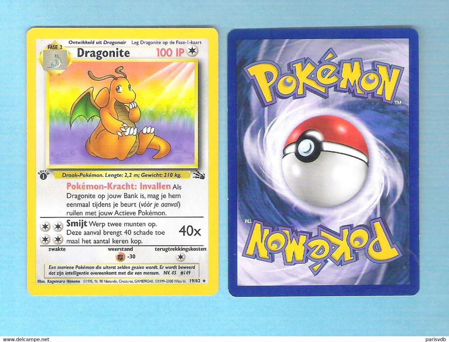 POKEMON  Dragonite   Nederlands  1995 -96 - 98   (PK 001) - Pokemon