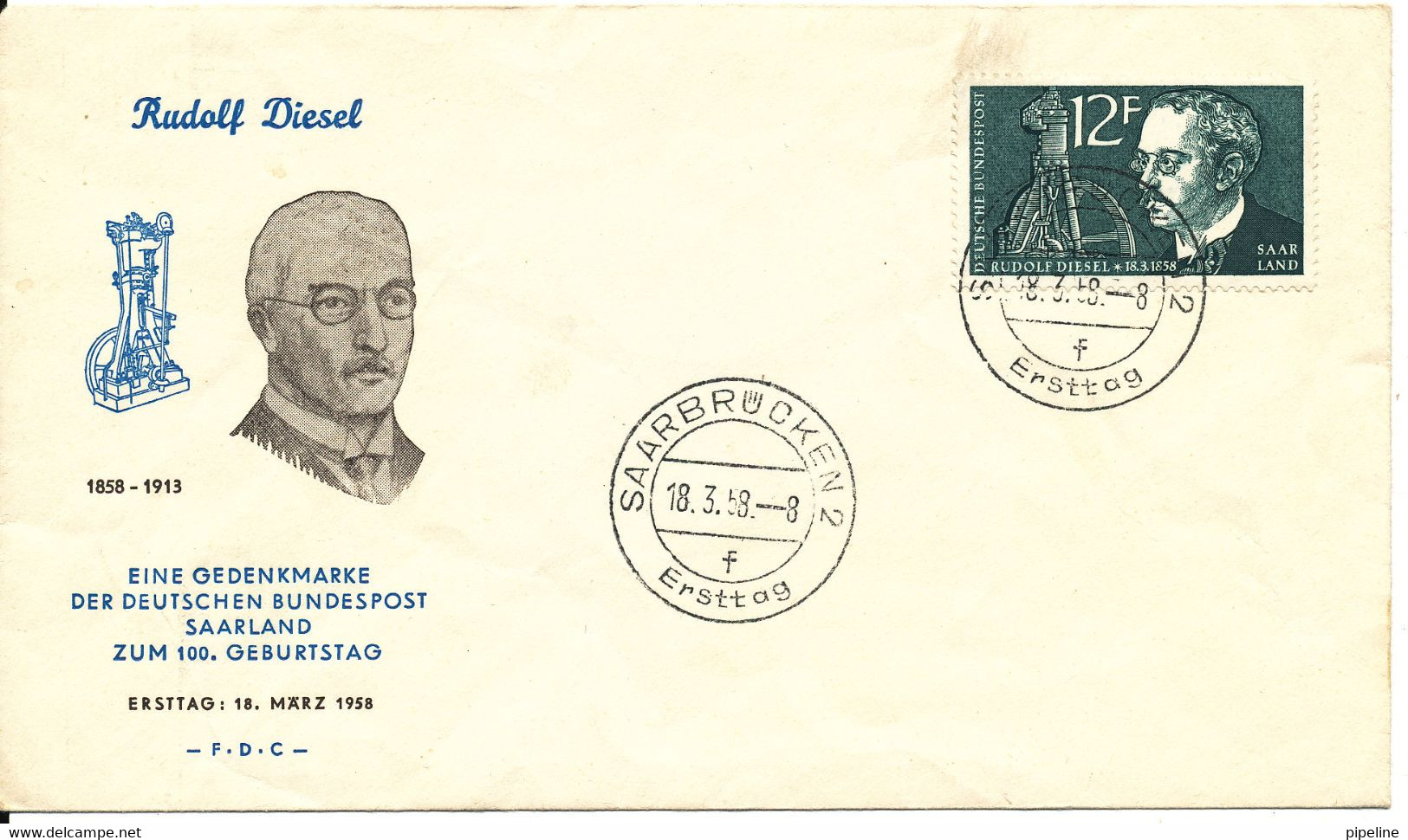 Saar FDC 18-3-1958 Rudolf Diesel With Cachet - FDC