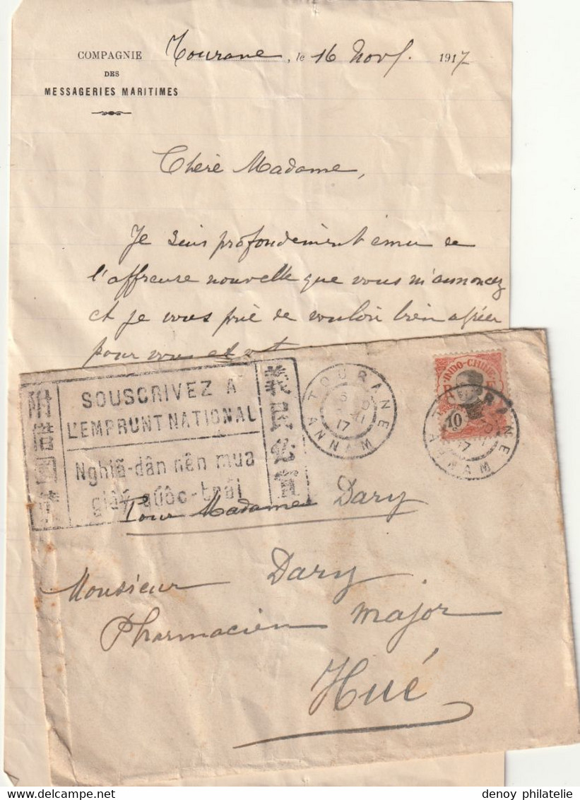 Lettre De Tourane Du 10 11 1917 Avec  Cachet Souscrivez A L'Emprunt National Bilingue - Covers & Documents