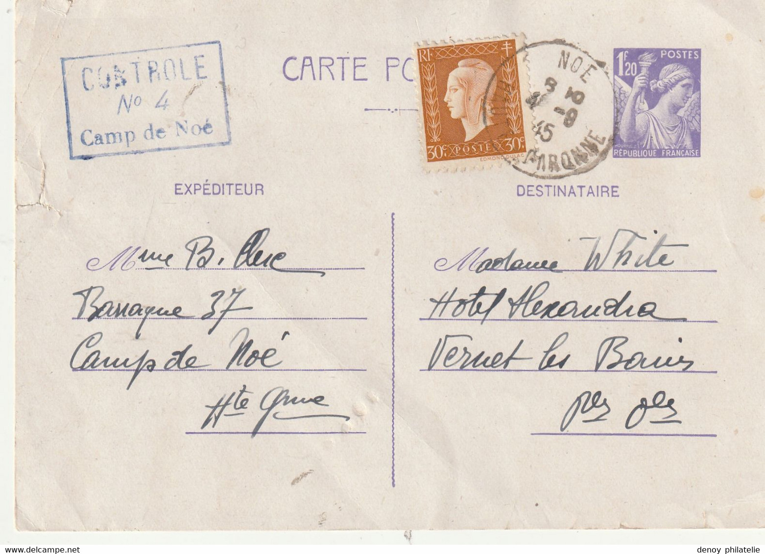 Carte Postale Iris Oblitéré Du Camp De Noé Datée Du 4 9 1945 , Cachet De Contrôle N° 4 Le Tout Bien Frappé - WW II