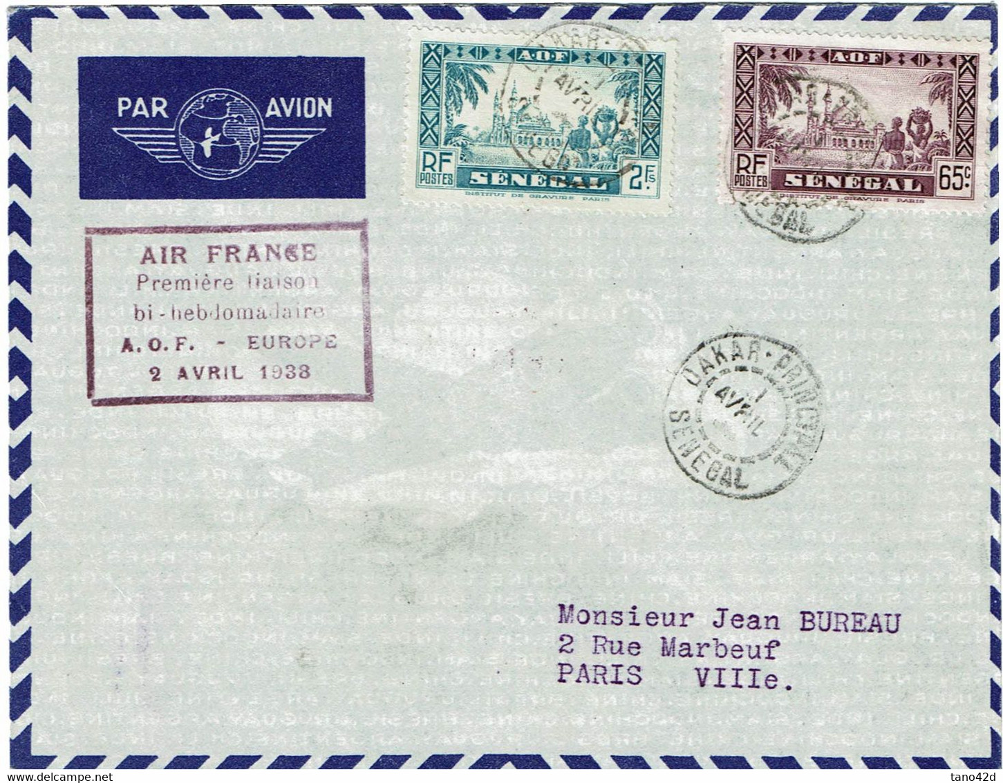 CTN74 - SENEGAL LETTRE AIR - FRANCE 1/4/1938 - Airmail