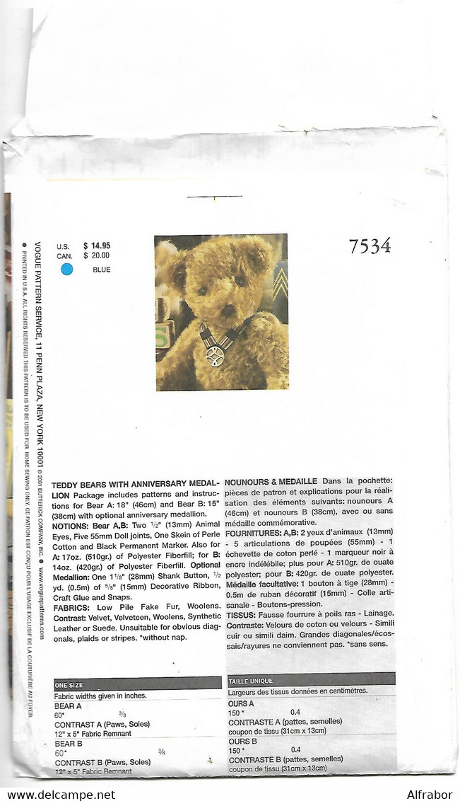 Vogue Craft Teddy Bears Pattern 7534 - No Anniversary Medaillion - Patron Ours En Peluche - Pas De Médaille Anniversaire - Beren