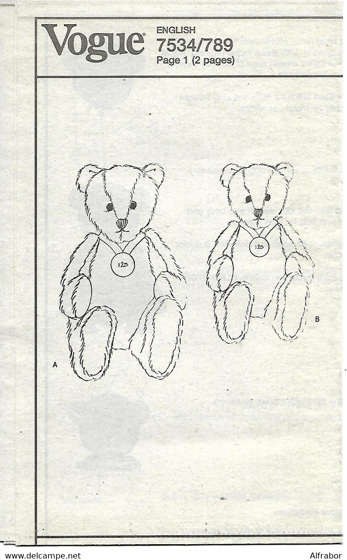 Vogue Craft Teddy Bears Pattern 7534 - No Anniversary Medaillion - Patron Ours En Peluche - Pas De Médaille Anniversaire - Teddybären