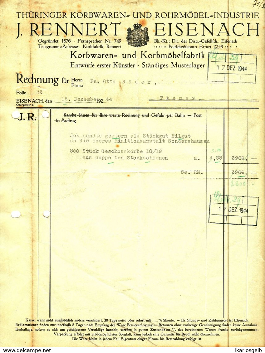 Eisenach Thüringen 1944 Deko Rechnung " J.Rennert Korbwaren- Und Korbmöbelfabrik Rohrmöbelindustrie" - Agricultura