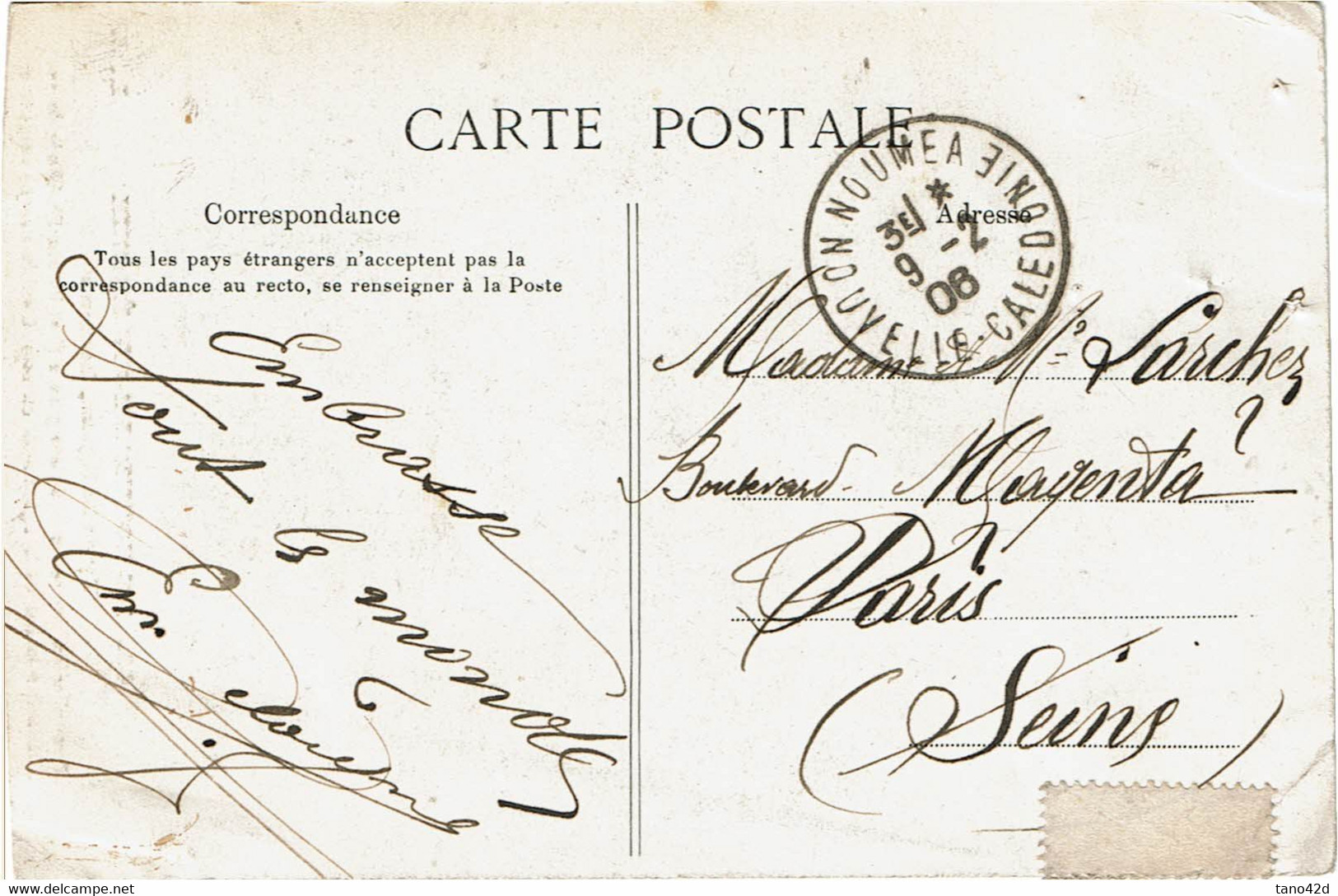 CTN74 - NOUVELLE CALEDONIE CPA NOUMEA / PARIS 9/2/1906 - Briefe U. Dokumente