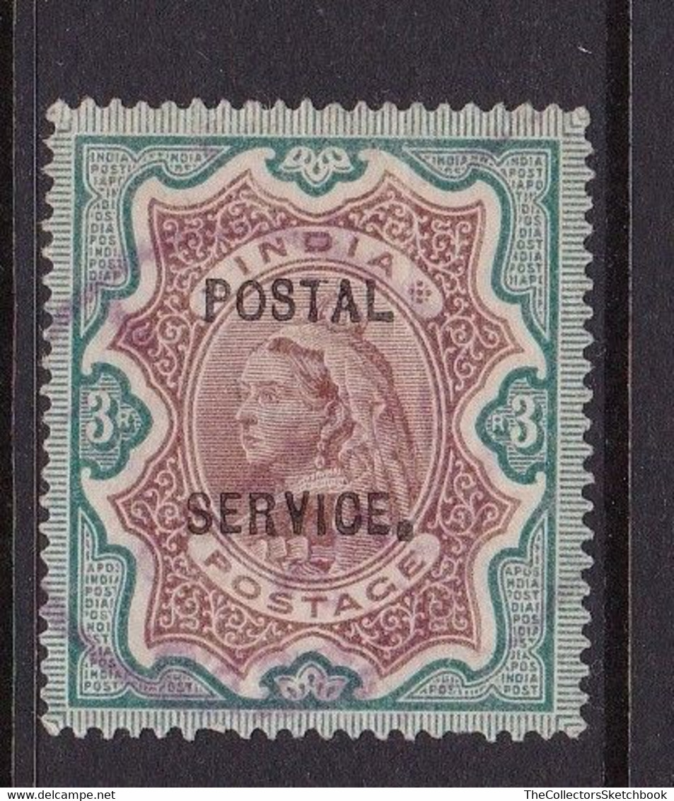 India Victoria  3 Roupee Green And Brown Overprinted Postal Service GU - 1882-1901 Empire
