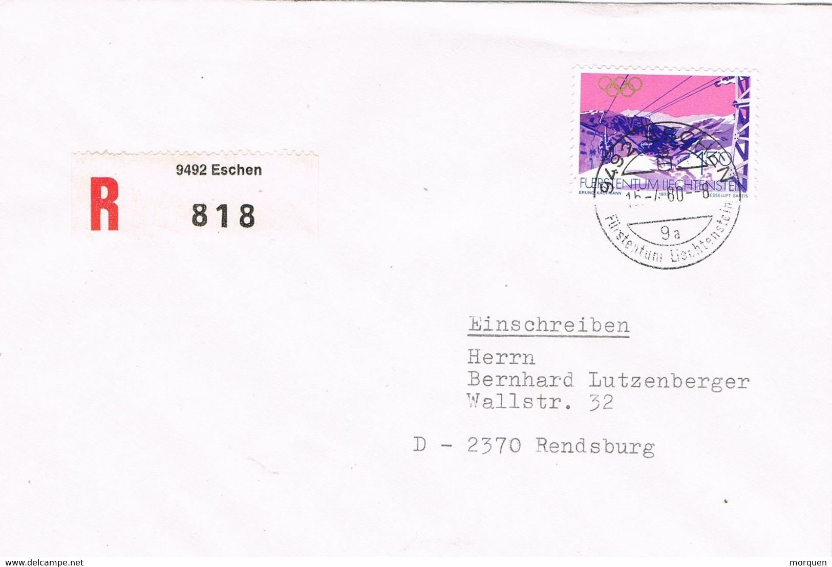 42160. Carta Certificada ESCHEN (Liechtenstein) 1980 A Rendsburg - Storia Postale