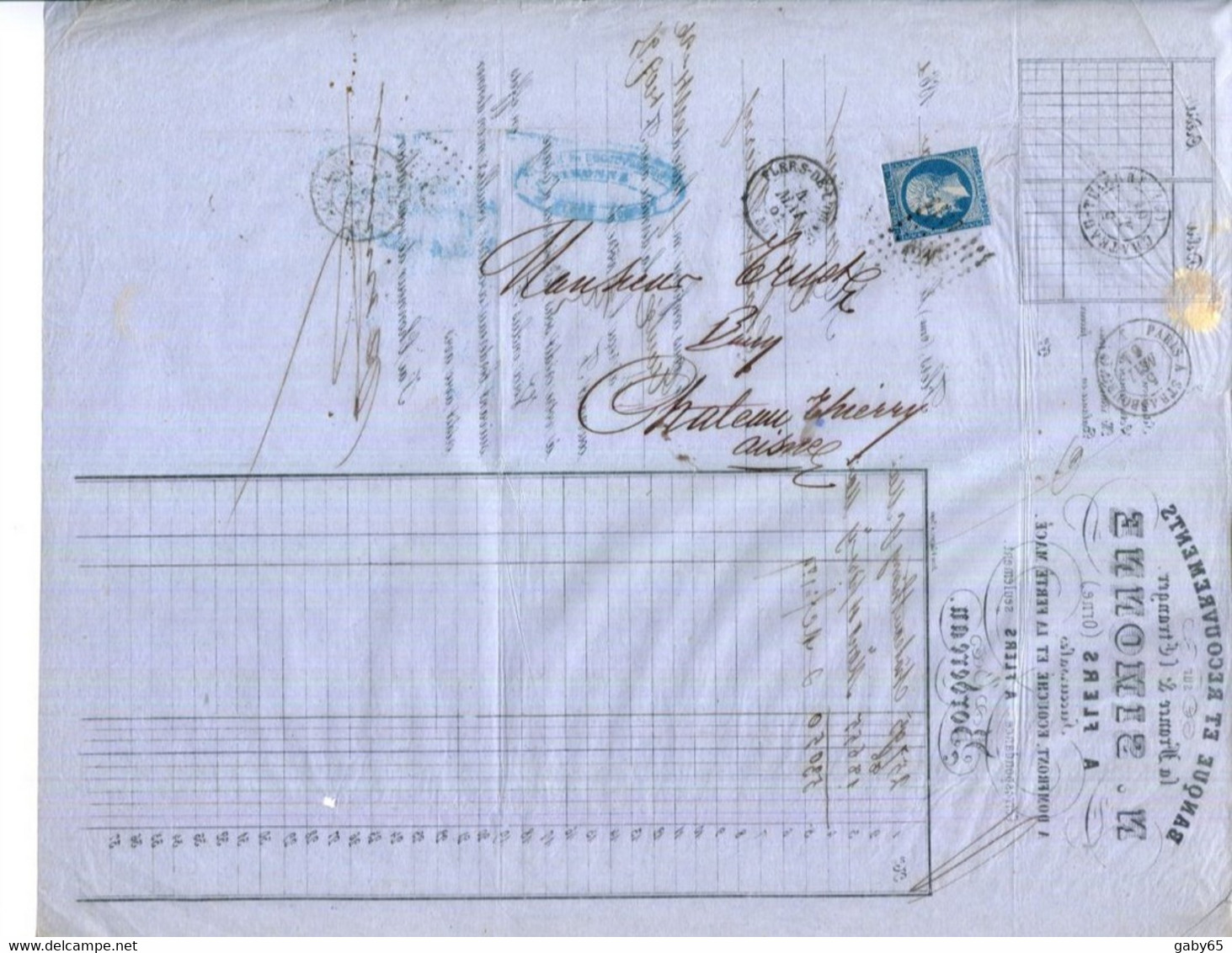 FACTURE.61.ORNE.FLERS.BANQUE & RECOUVREMENTS SUR LA FRANCE & L'ETRANGER.N.SIMONE.TIMBRE & CACHET 1861. - Banca & Assicurazione