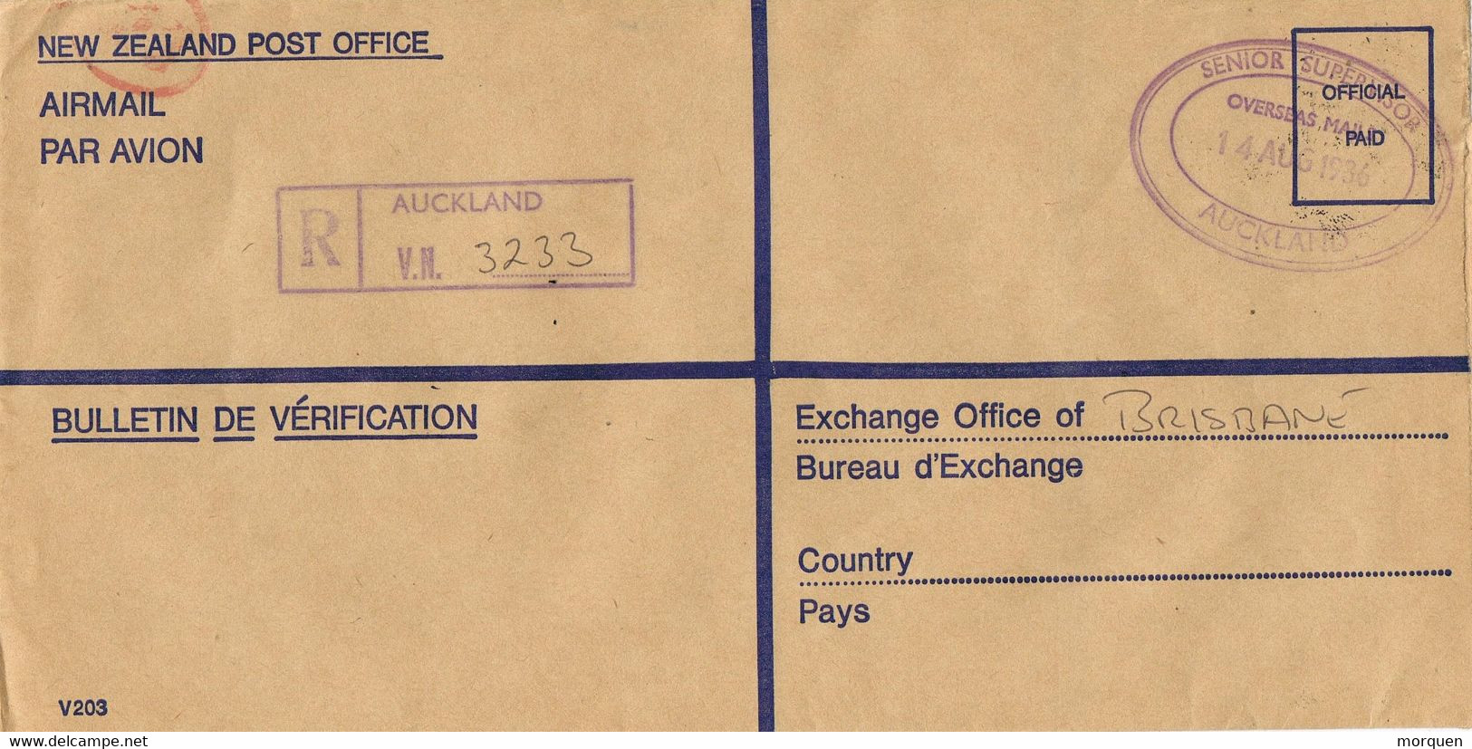 42167. Carta Aerea Certificada AUCKLAND (New Zealand) 1986. Service Oficial - Briefe U. Dokumente
