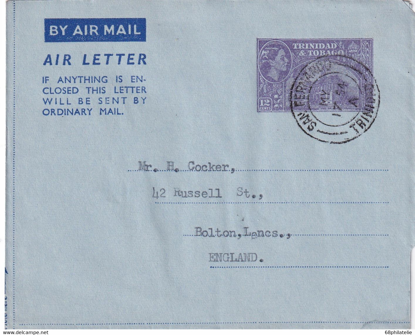 TRINITAD ET TOBAGO 1954   ENTIER POSTAL/GANZSACHE/POSTAL STATIONERY PLI AERIEN DE SAN FERNANDO - Trinidad & Tobago (...-1961)