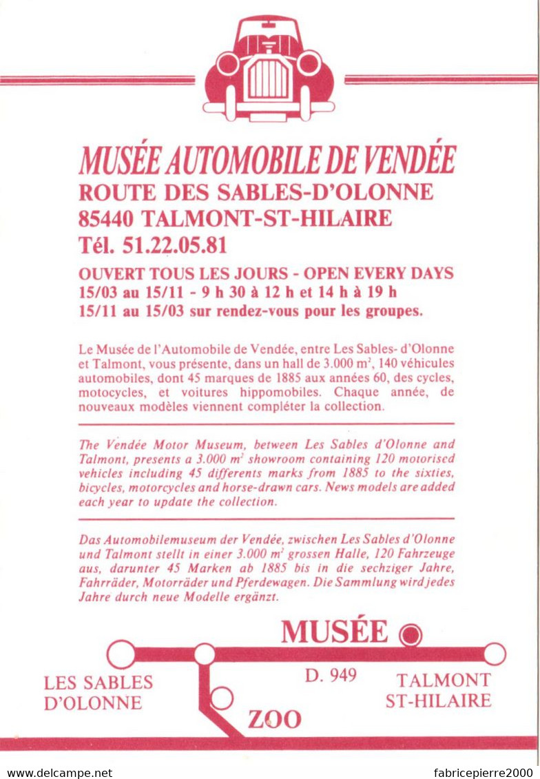 Carte Publicitaire 85 (Vendée) Talmont-Saint-Hilaire - Musée Automobile De Vendée TBE Scan Recto-verso - Talmont Saint Hilaire