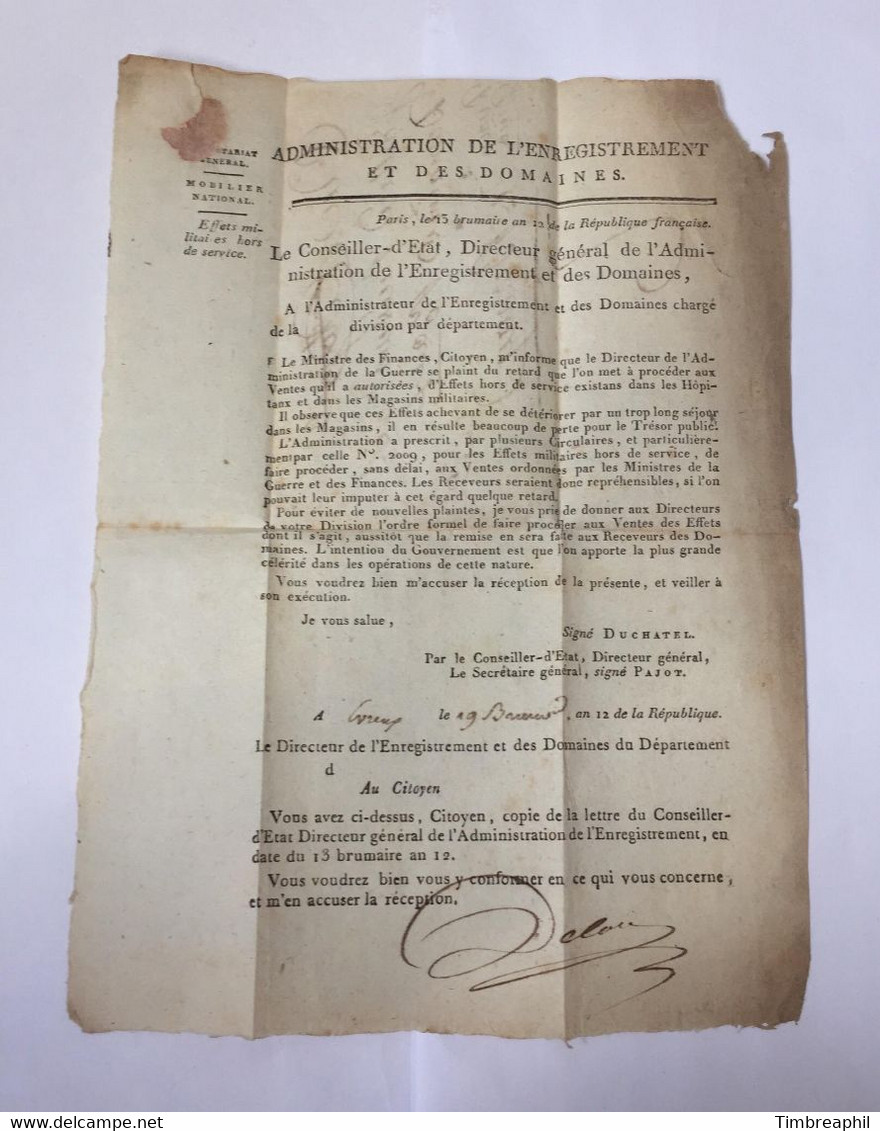 Lettre De L’Administration De L’enregistrement Et Des Domaines N°6 - 1792-1815: Départements Conquis