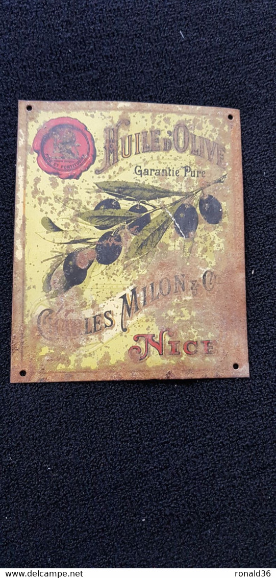 Petite Plaque Tole Lithographiée De HUILE D'OLIVE Garantie Pure CHARLES MILON & Cie NICE 06 Illustration Olivier - Alimentos