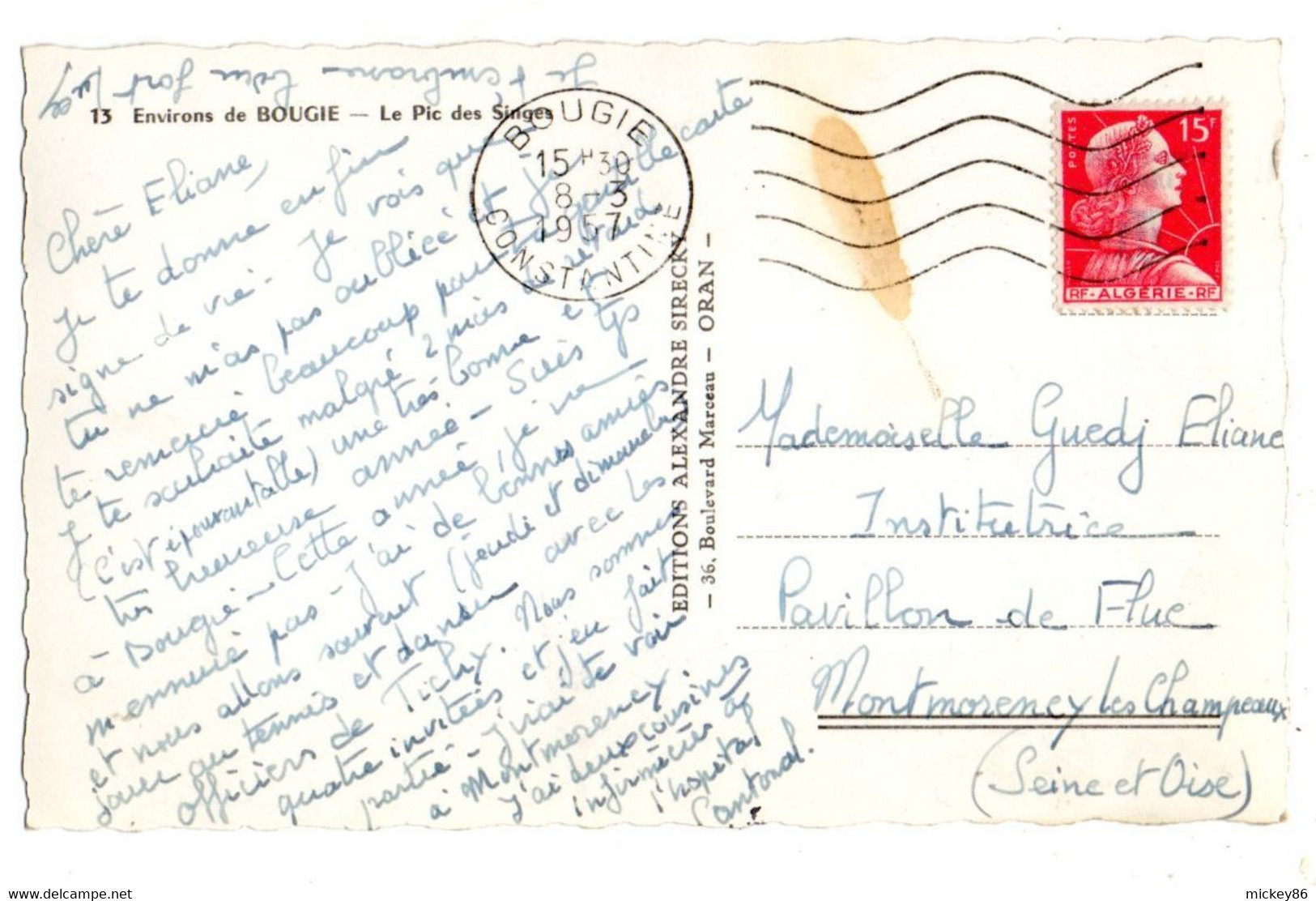 Algérie-- BOUGIE -BEJAIA -1957--Le Pic Des Singes ....timbre....cachet "BOUGIE"...........à Saisir - Bejaia (Bougie)