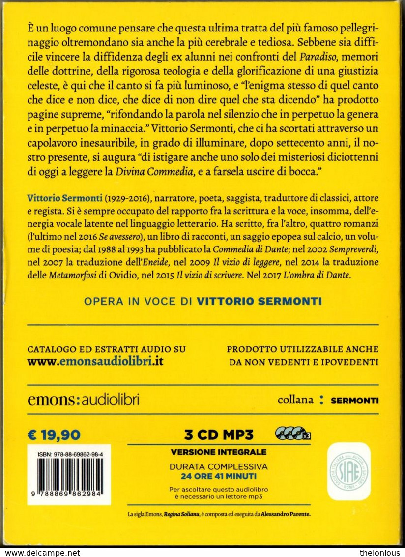 # Audiolibro: Il Paradiso Di Dante Raccontato E Letto Da Vittorio Sermonti, 3 CD MP3 - Science Fiction Et Fantaisie