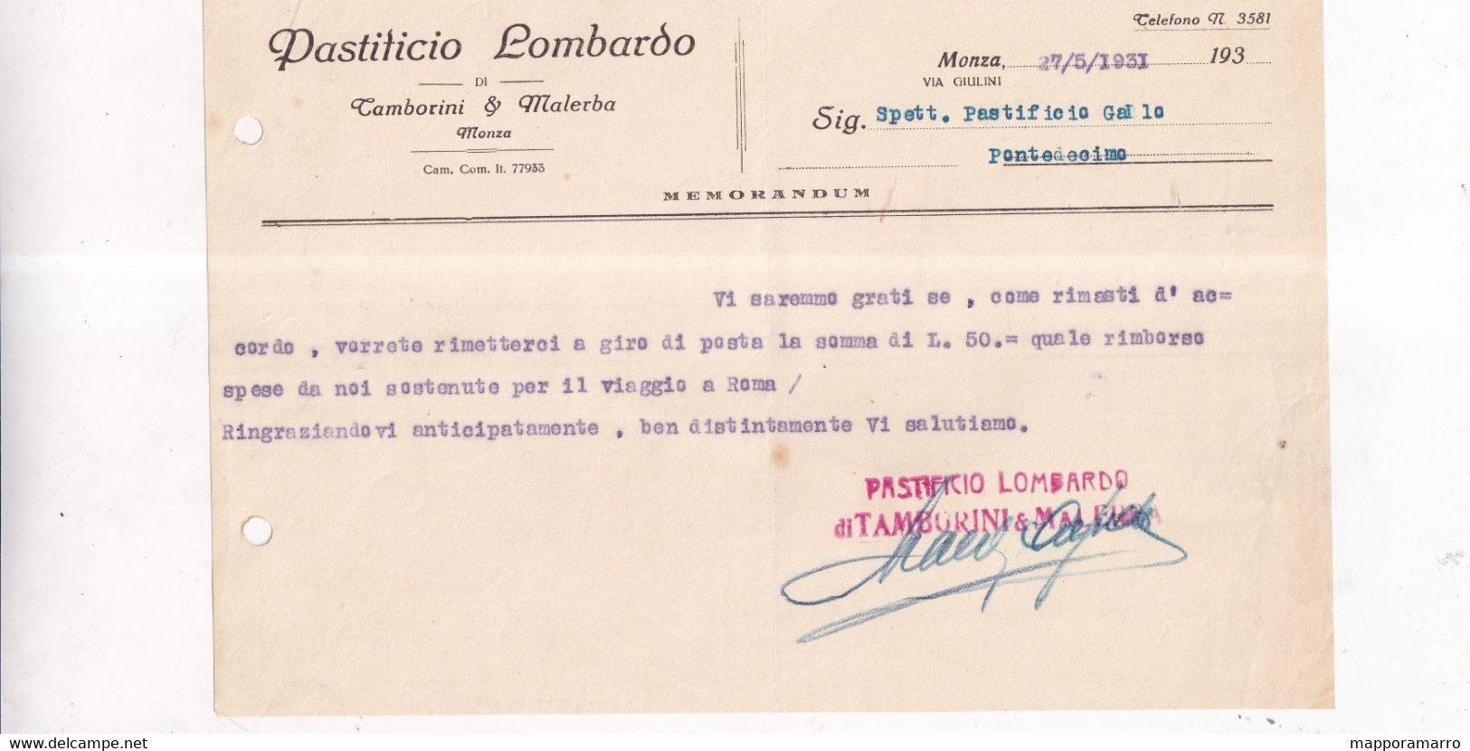MONZA -PASTIFICIO LOMBARDO   - FATTURA DEL 1931- FORI DA ARCHIVIO- - Italie
