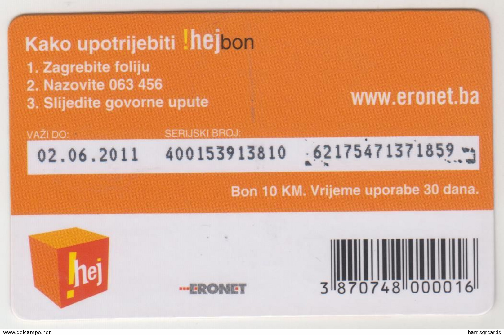 BOSNIA - !HEJbon10, 10KM , GSM Refill, Used - Bosnië