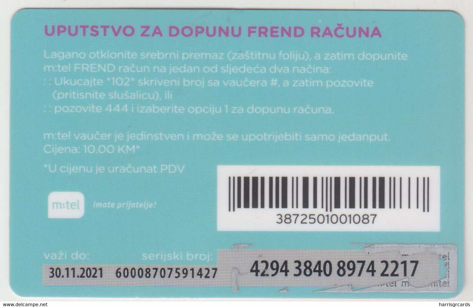 BOSNIA - Frend, 10KM , MTel GSM Refill, Used - Bosnië