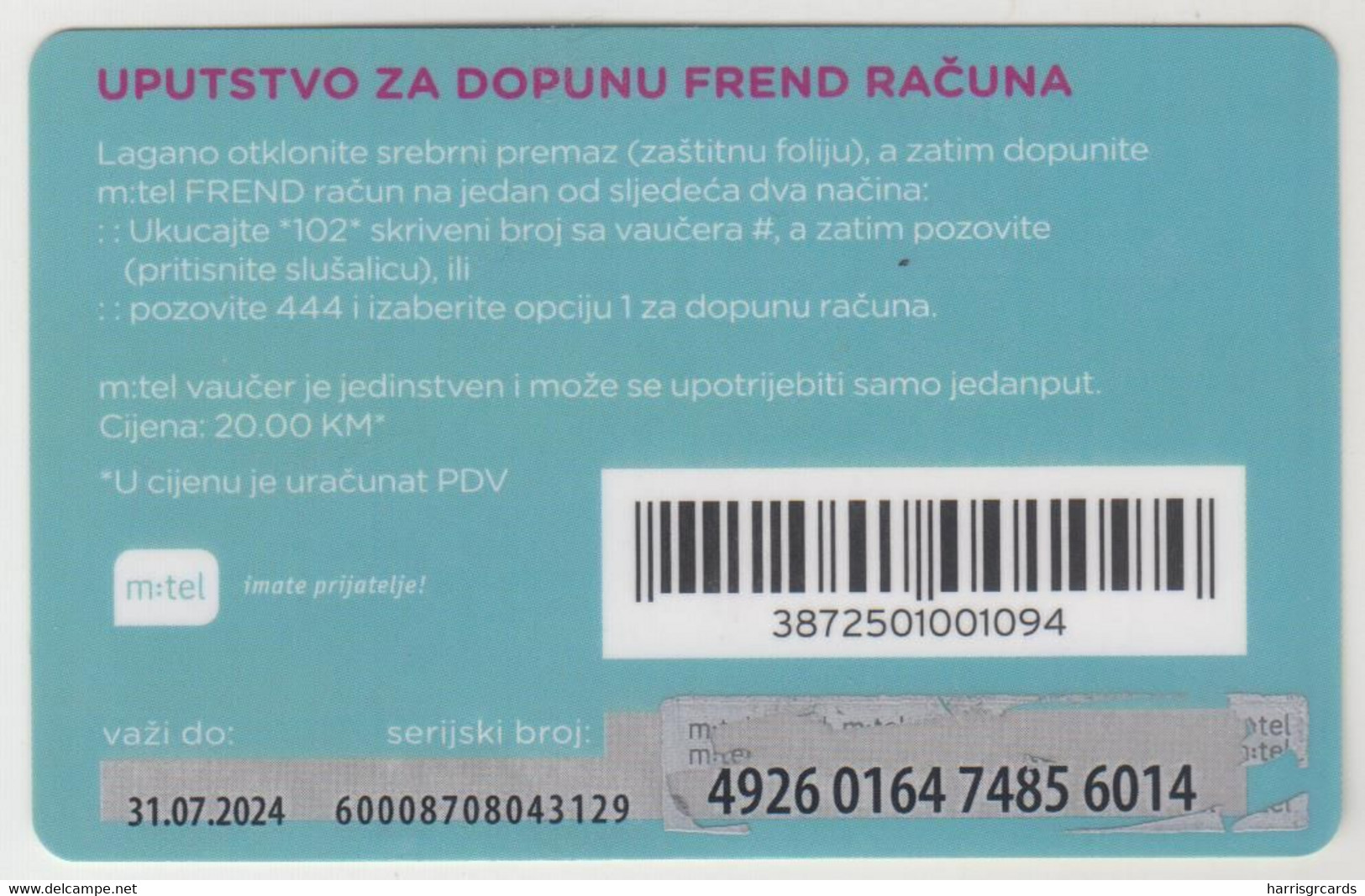 BOSNIA - Frend, 20KM , MTel GSM Refill, Used - Bosnia