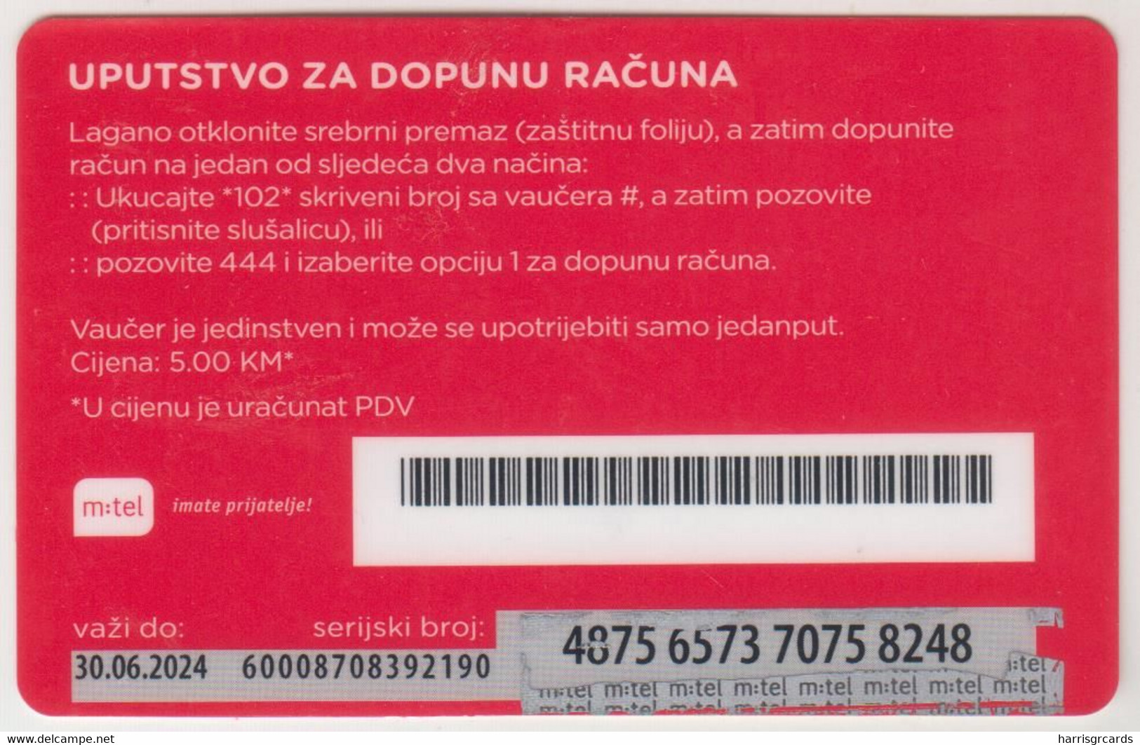 BOSNIA - Dopuna, 5KM , MTel GSM Refill, Used - Bosnie