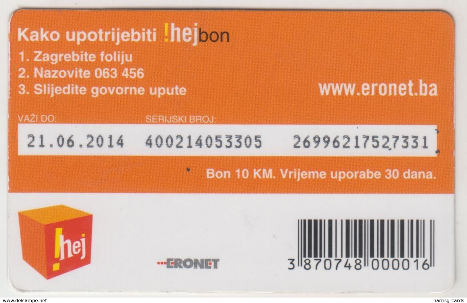 BOSNIA - !HEJbon10, 10KM , GSM Refill, Used - Bosnie