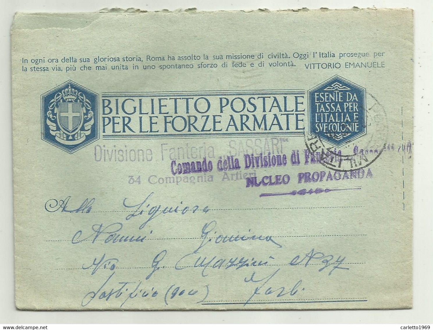 BIGLIETTO FORZE ARMATE DIVISIONE FANTERI SASSARI 34 COMPAGNIA ARTIERI 1942 - Poststempel