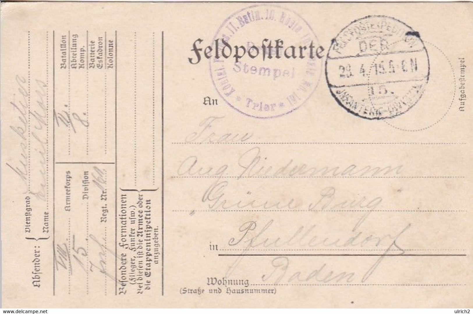 Feldpostkarte - Kgl. Preuss. II. Batln. 10. Rhein. Inf. Regt. No. 161 - Nach Pfaffendorf - 1915 (58101) - Covers & Documents