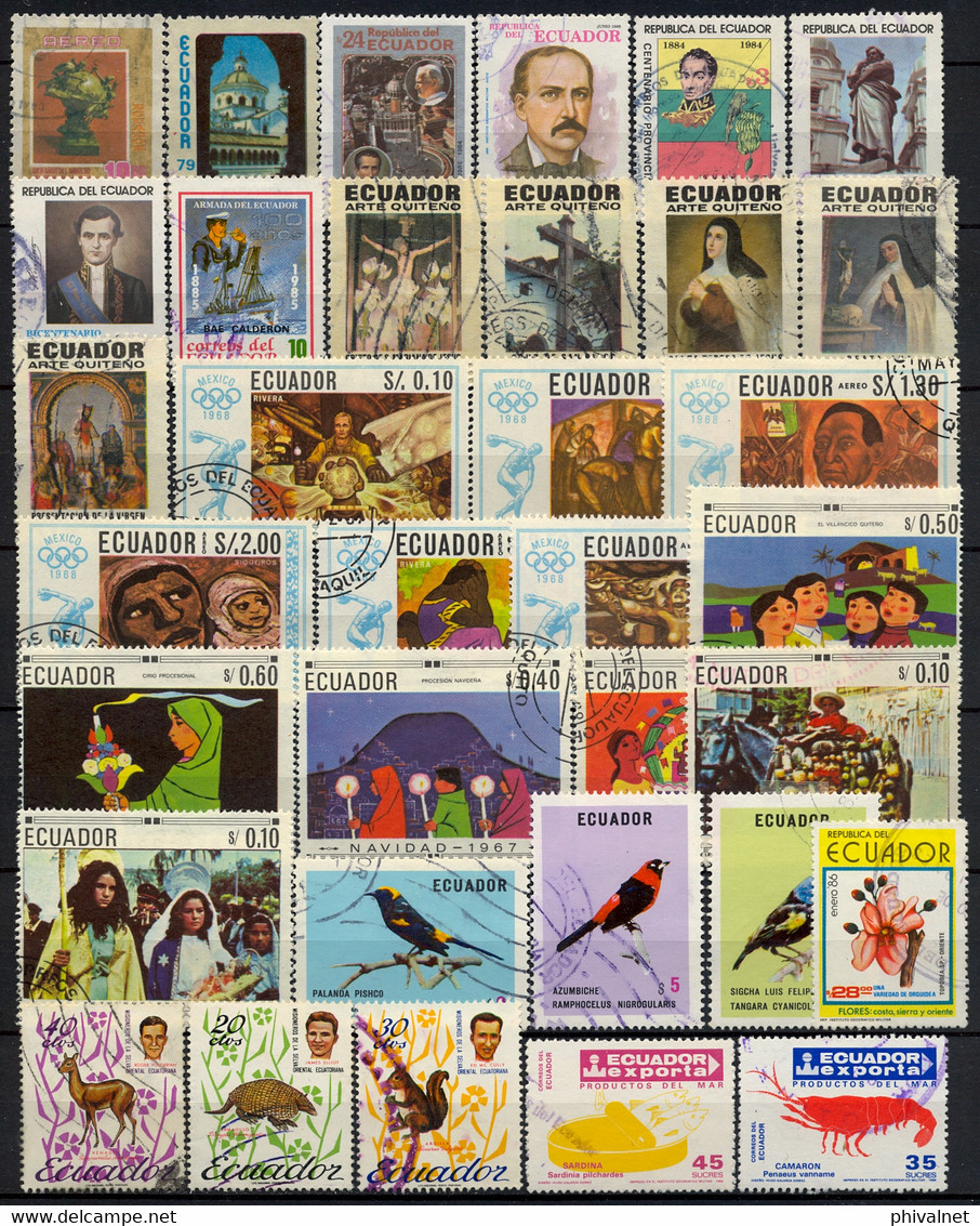 ECUADOR , LOTE DE SELLOS USADOS # 4 ,  ARTE QUITEÑO , PERSONAJES , EJÉRCITO , OLIMPIADAS , AVES , FAUNA , EXPORTACIÓN - Equateur