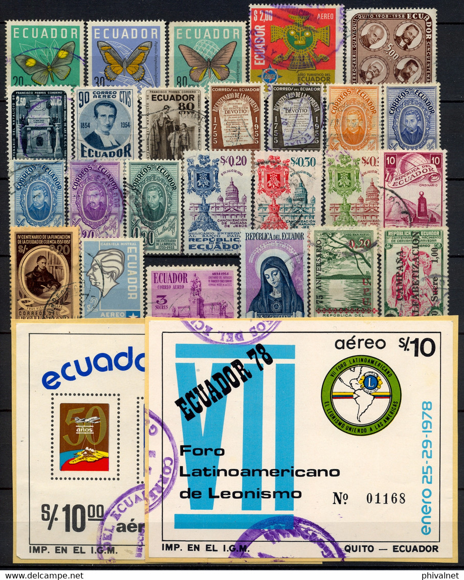 ECUADOR , LOTE DE SELLOS USADOS # 10 , LIONS , MARIPOSAS , PERSONAJES , REÑLIGIÓN , ALFABETIZACIÓN , HOJAS BLOQUE - Ecuador