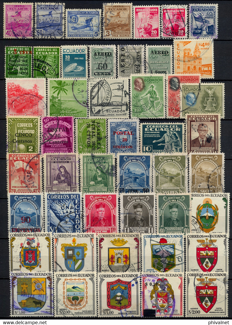 ECUADOR , LOTE DE SELLOS USADOS # 13 , ESCUDOS , PRIMER VUELO POSTAL , HABILITADOS , PERSONAJES , DESARROLLO - Ecuador