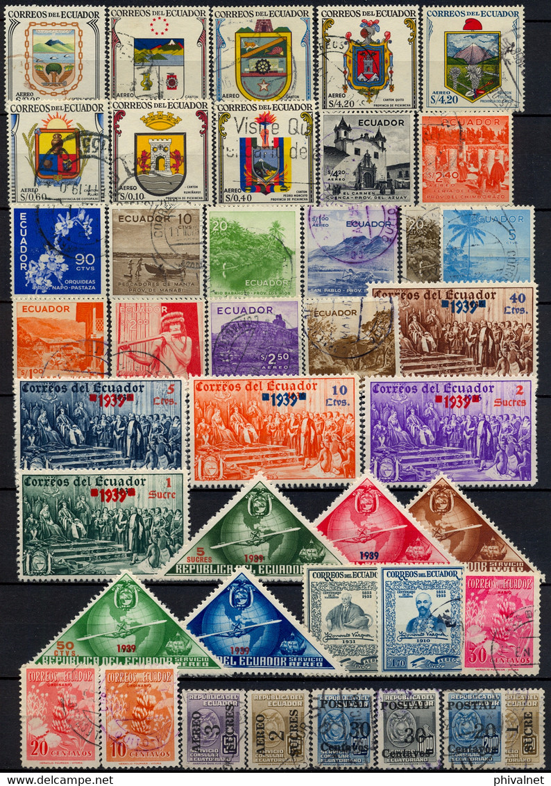 ECUADOR , LOTE DE SELLOS USADOS # 14 , ESCUDOS , CORREO AÉREO , COLÓN , PESCA , ARQUITECTURA - Equateur