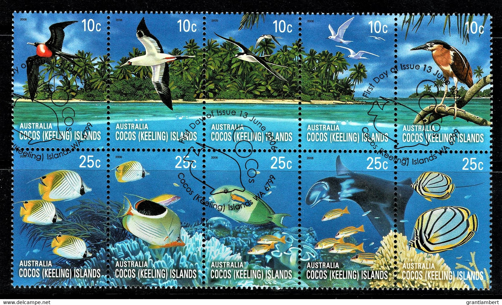 Cocos Islands 2006 Coral Reefs 10c, 25c Block Of 10 Used - Cocoseilanden