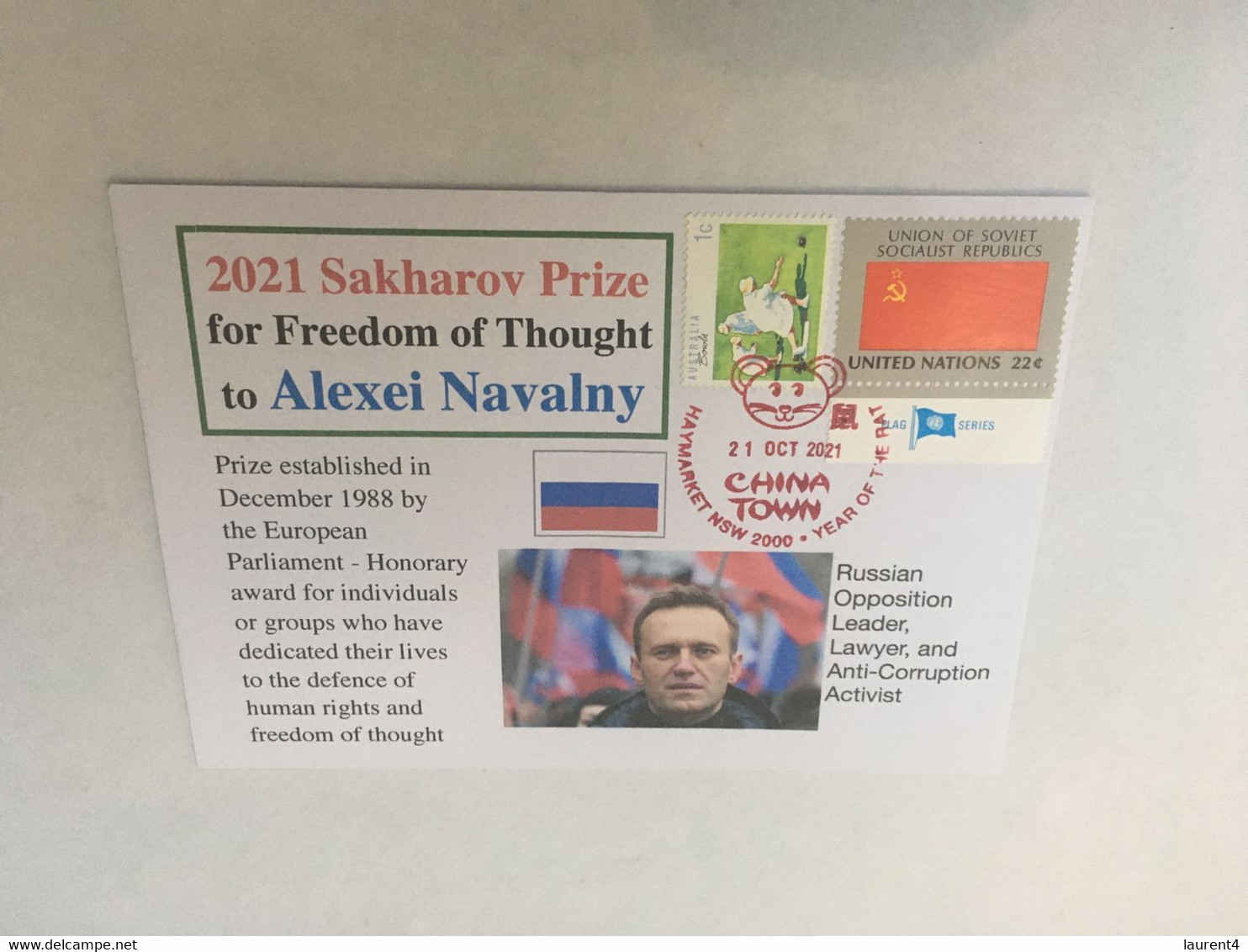 (6 A 14) Special Commemorative Cover - 21st October - Alexei Navalny Awarded 2021 Sakharov Prize (Russia Older Flag Tag) - Brieven En Documenten