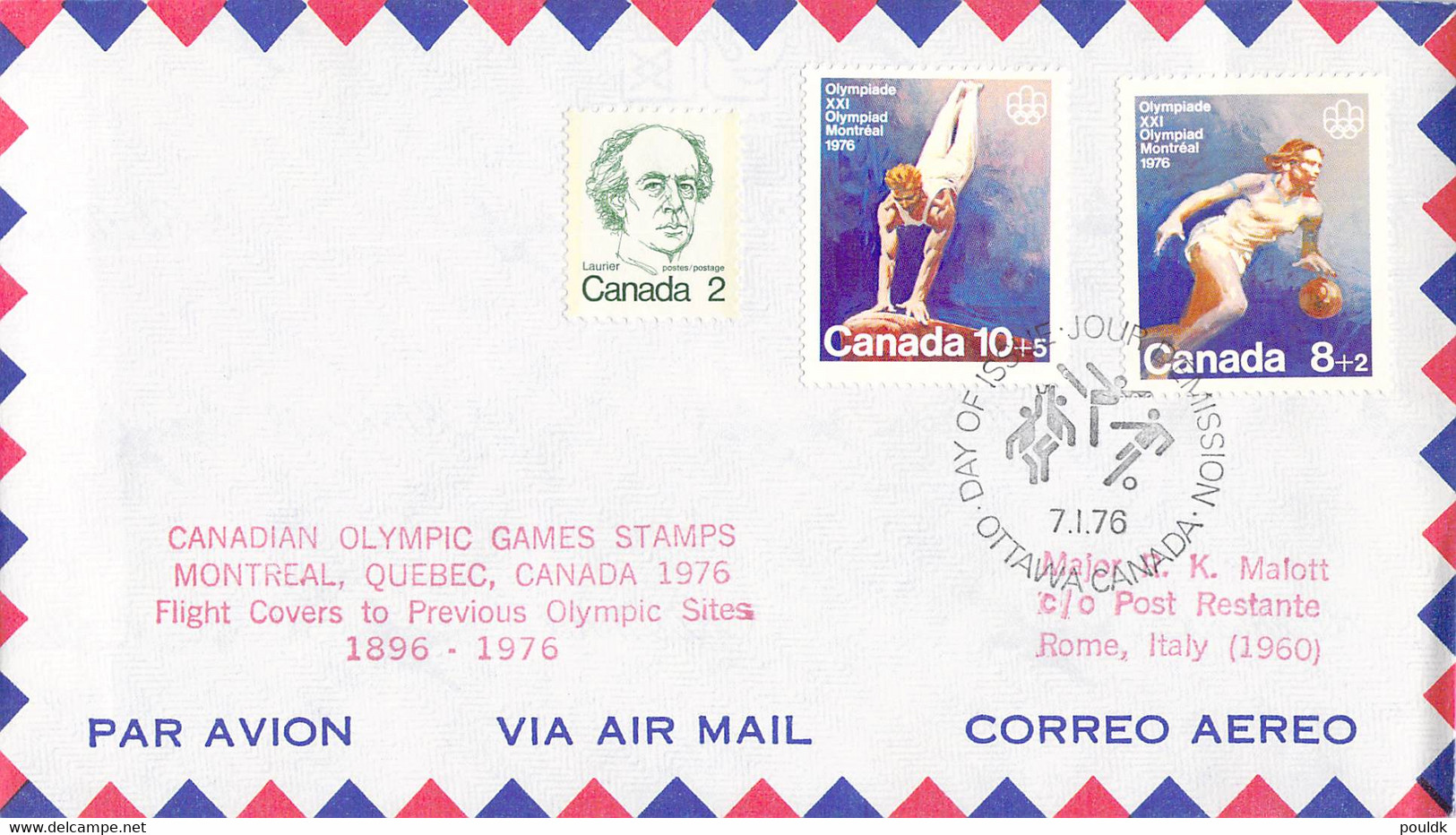 Canada Flight Cover FDC 1976 Montreal Olympic Games - To Previous Olympic Sites: Rome (DD33-13) - Verano 1976: Montréal