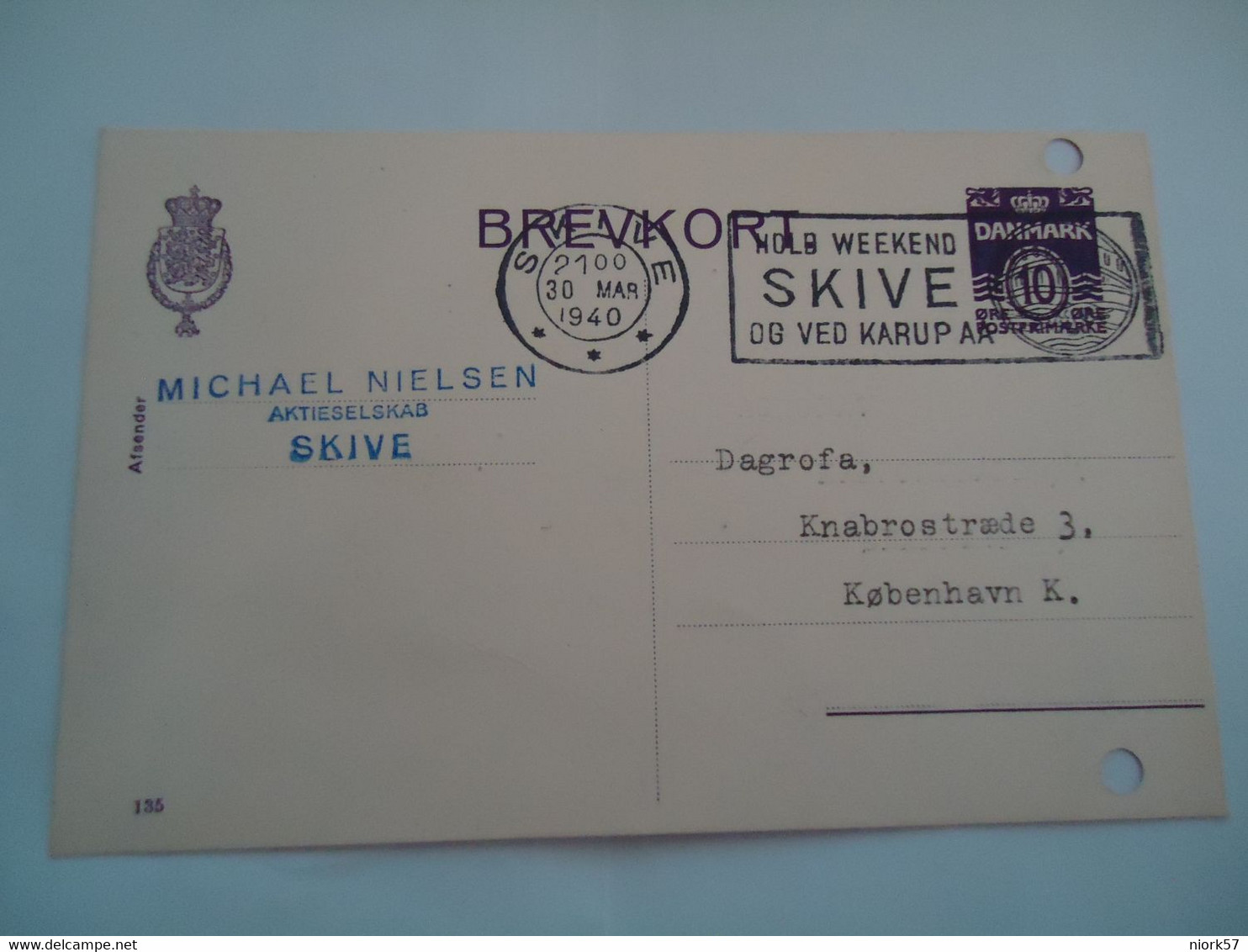 DENMARK BREVKORT    1940    SKIVE    2 SCAN - Maximum Cards & Covers