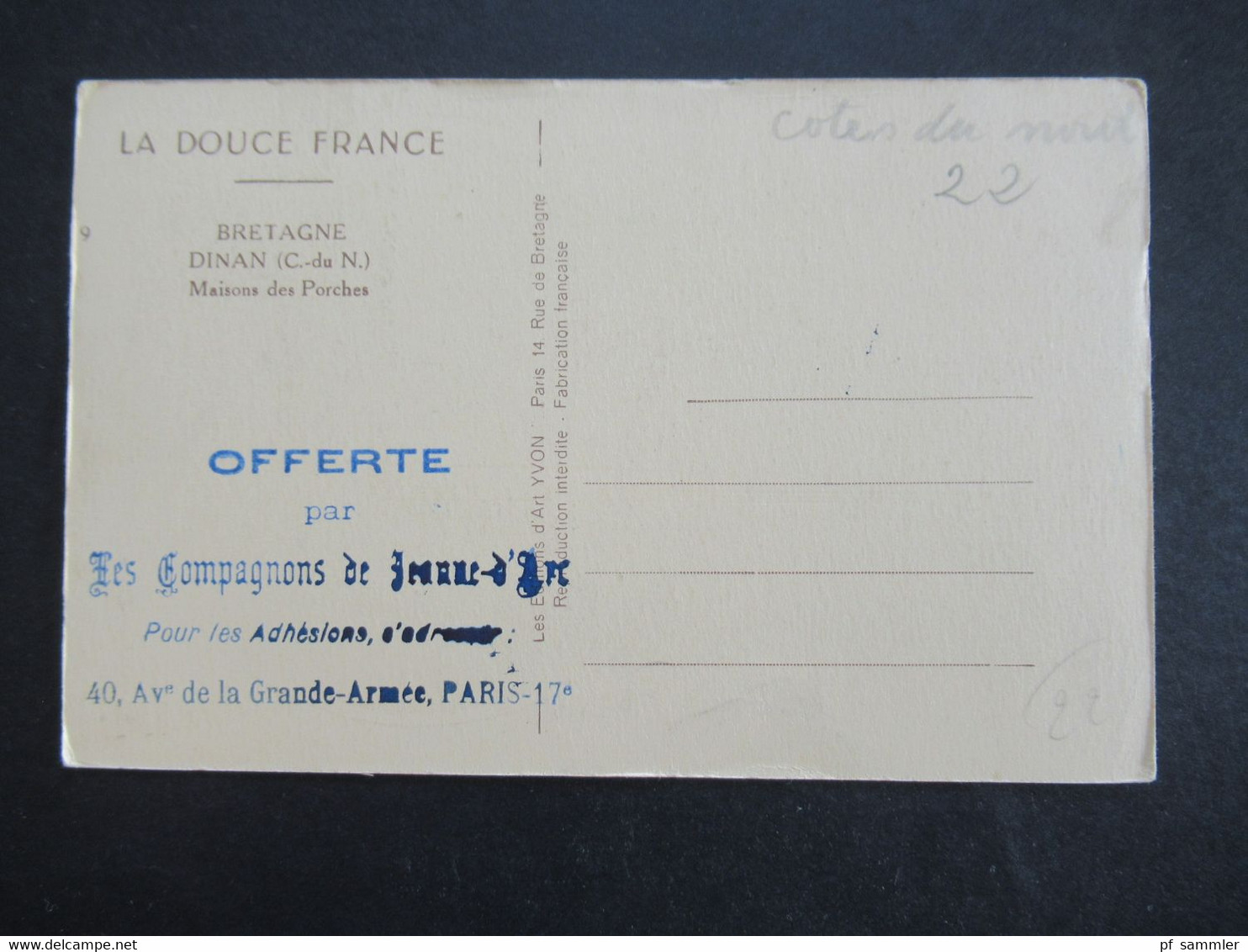 Frankreich Um 1910 La Douce France Dinan Maisons Des Porches Stempel Offerte Par Des Compagnons - Dinan