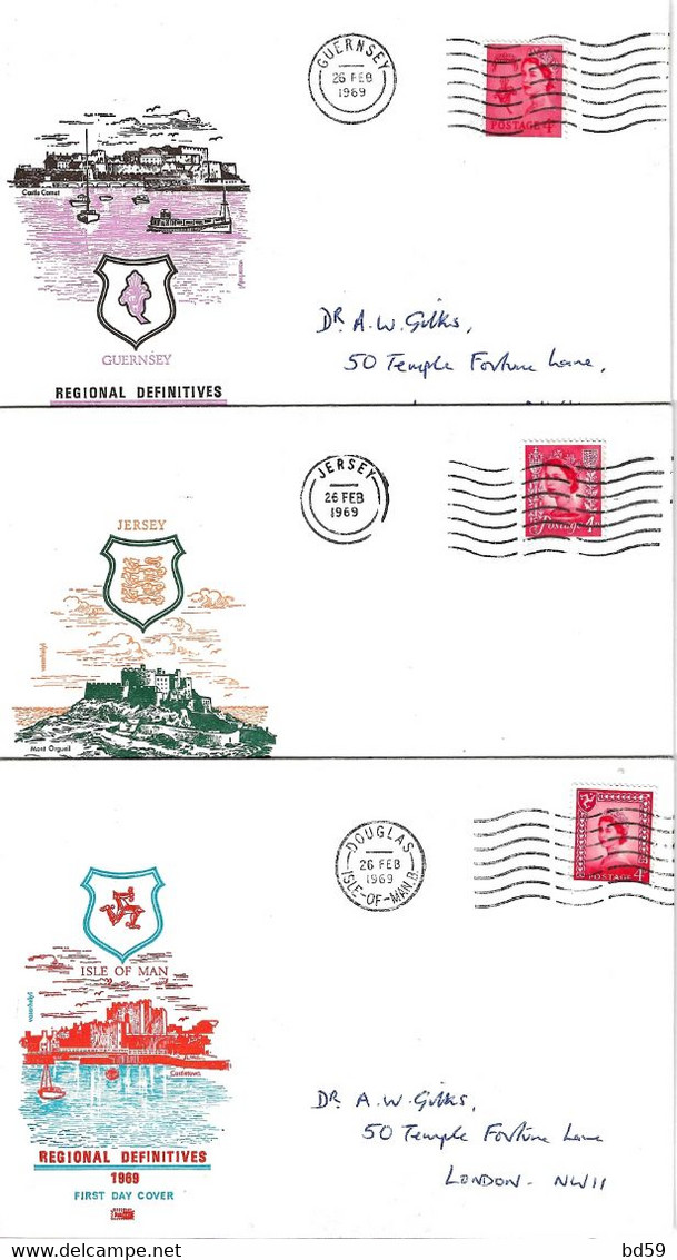 REGIONALES 1969, Guernesey YT530 SG11, Jersey YT531 SG13, Man YT532 SG6 - Covers & Documents